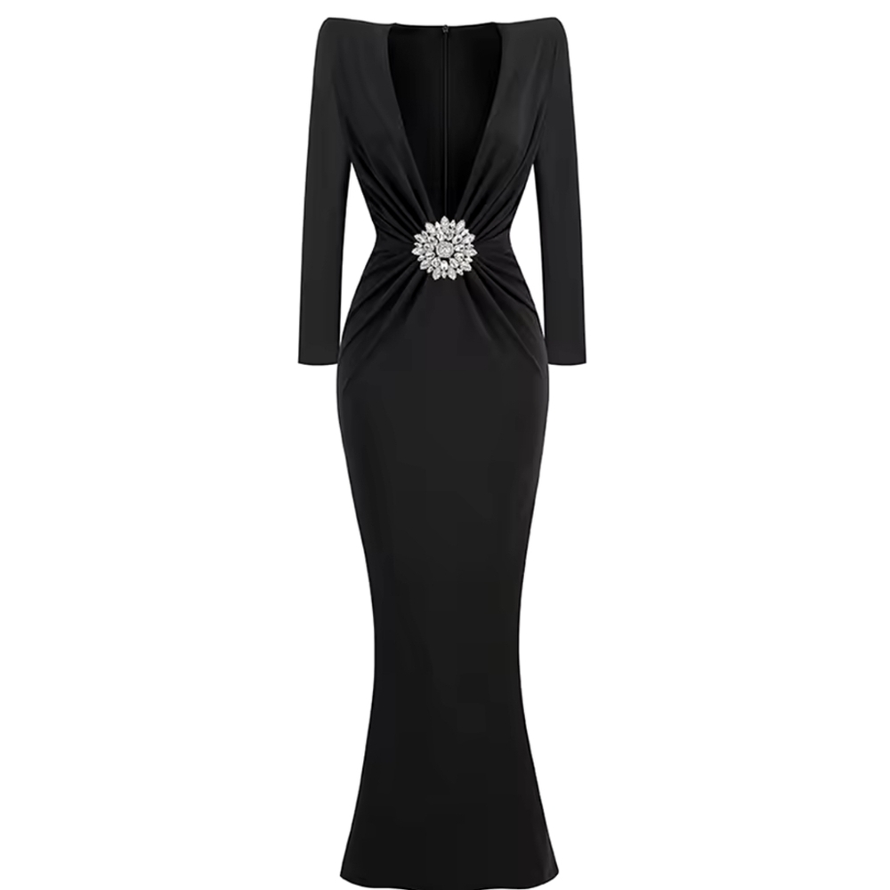 Long Sleeve V Neck Pleated Diamond-encrusted Flower Decorated Bodycon Maxi Dress - Picture 6 of 10